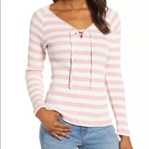 LUCKY BRAND White Pink Striped Ribbed Lace up size M casual‎ y2K preppy boho